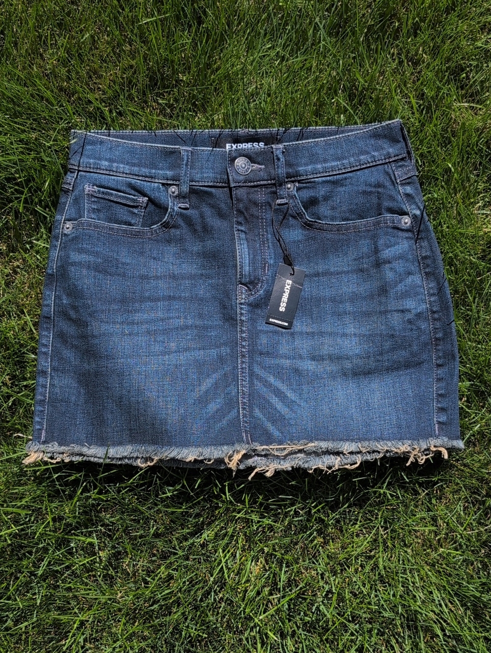 EXPRESS Dark Blue Denim Mini Skirt with Raw Fringe Hem